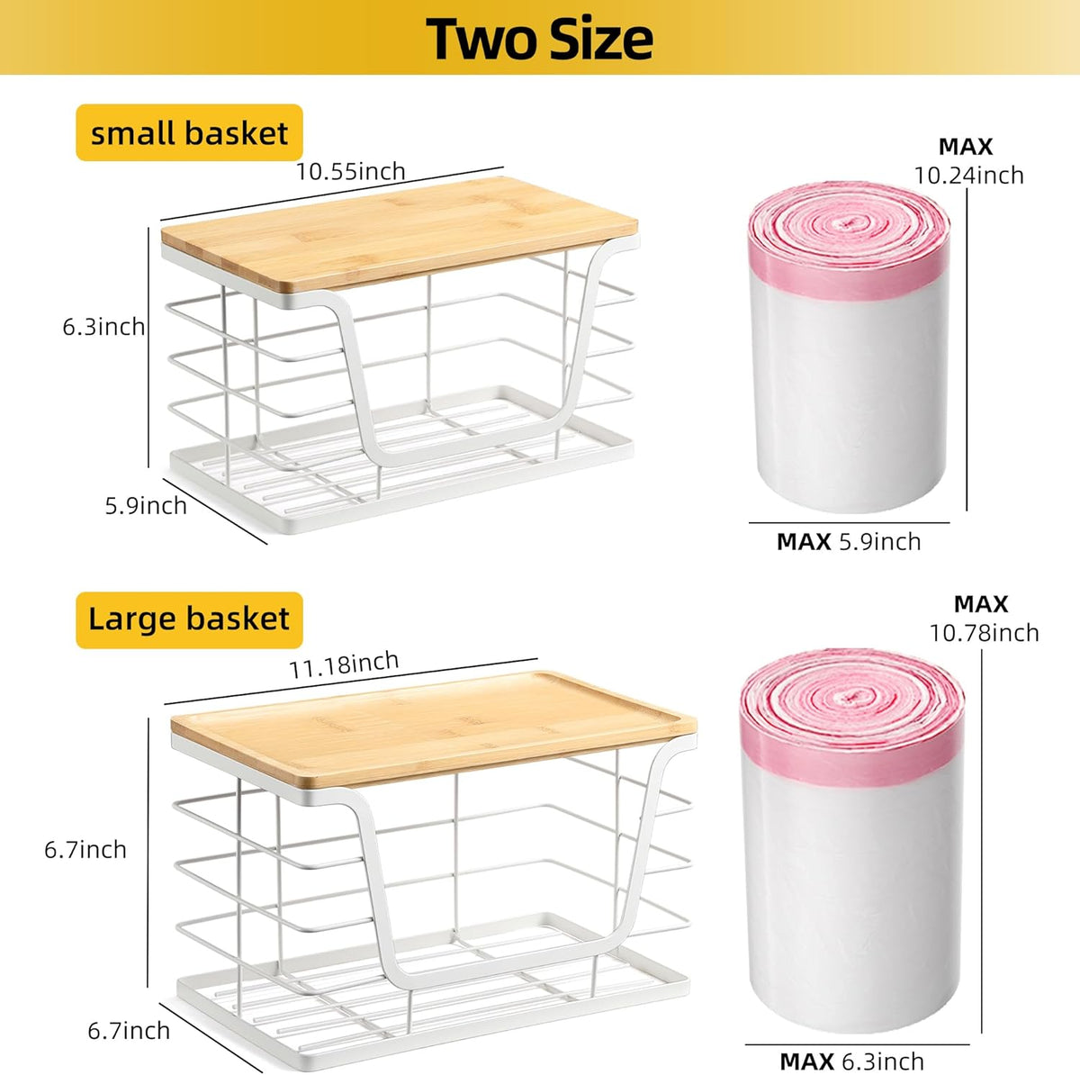 ALOCEO 2 Pack Extra Large Trash Bag Holder with Bamboo Top, Wall Mount Stainless Steel Organization