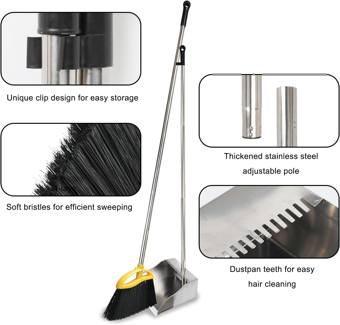 Broom and Stainless Steel Dustpan Set for Home,Metal Dust Pan and Soft Bristles Indoor Kitchen