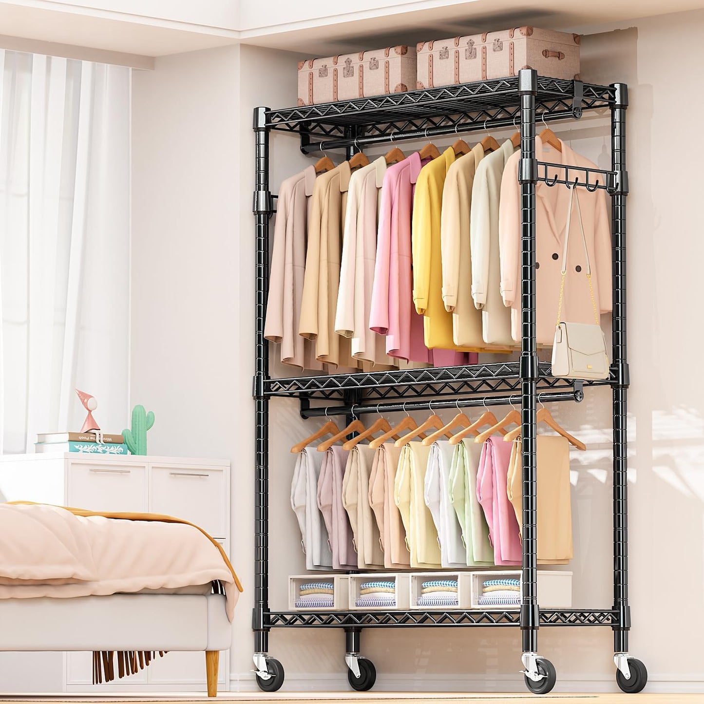 Heavy Duty Rolling Garment Rack 3 Tiers Adjustable Wire Shelving Clothes Rack with 2 Rods and Side