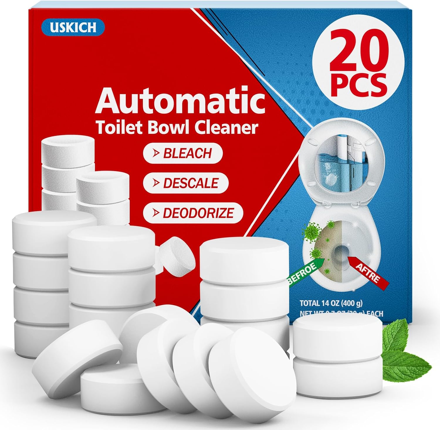 USKICH 20 Pack Toilet Bowl Cleaner Tablets,White Automatic Toilet Tank Cleaners, Long-Lasting