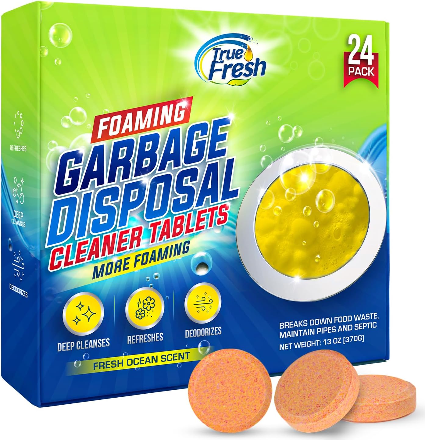True Fresh Garbage Disposal Cleaner – 24-Pack Foaming Sink and Drain Deodorizer Tablets, Powerful