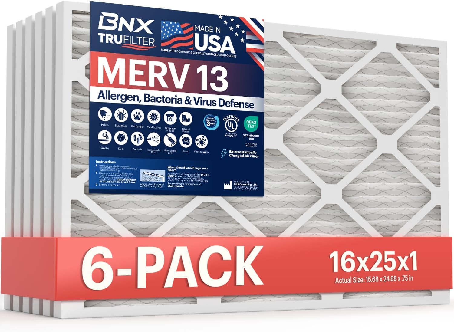 BNX TruFilter 16x25x1 Air Filter MERV 13 (6-Pack) - MADE IN USA - Electrostatic Pleated Air