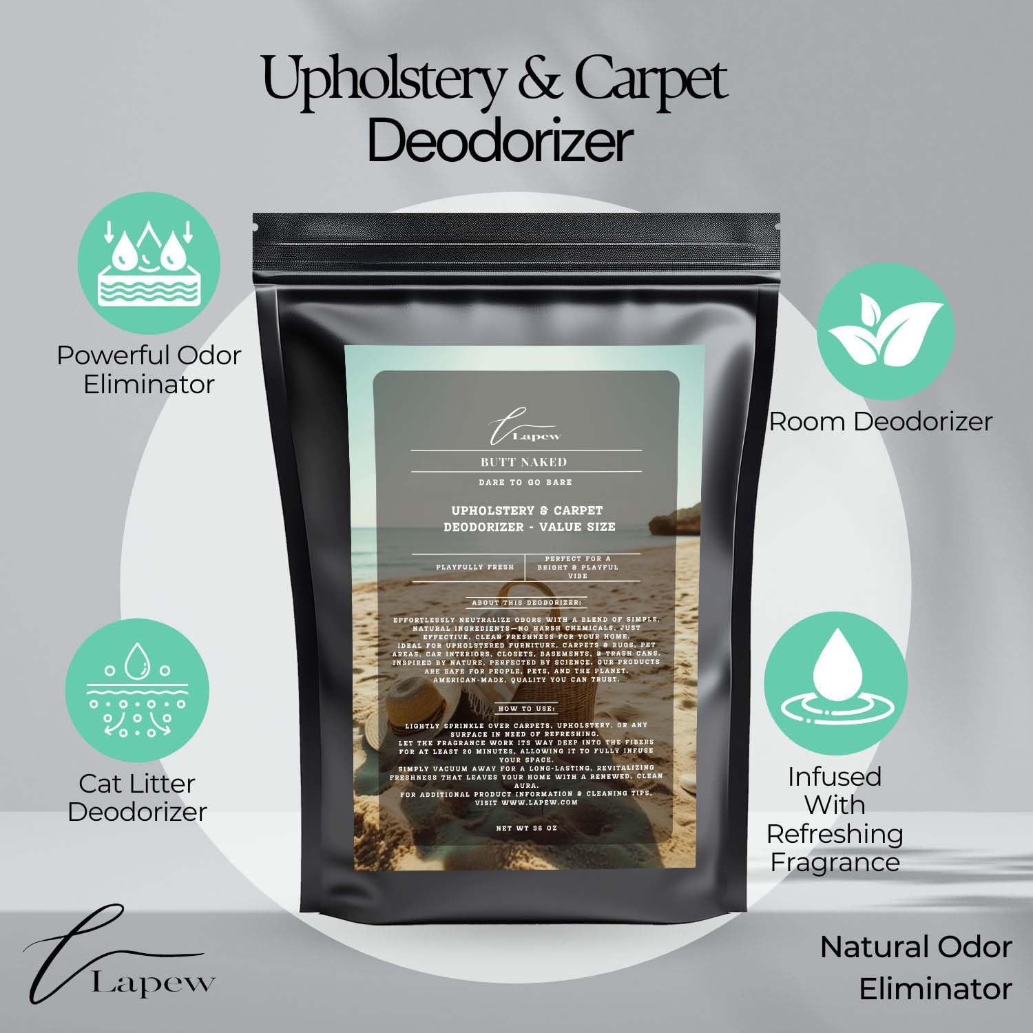 Butt Naked Carpet Freshener Powder Refill 36 oz | Powerful Odor Eliminator for Home | Upholstery