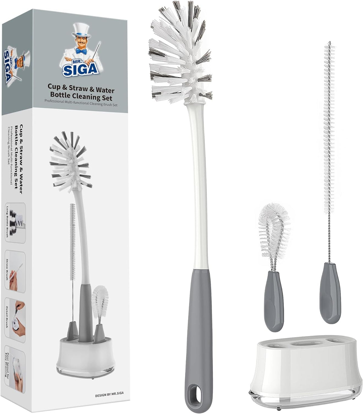 MR.SIGA Water Bottle Brush Cleaning Set with Storage Holder, Cleaning Brushes for Tumbler, Straw