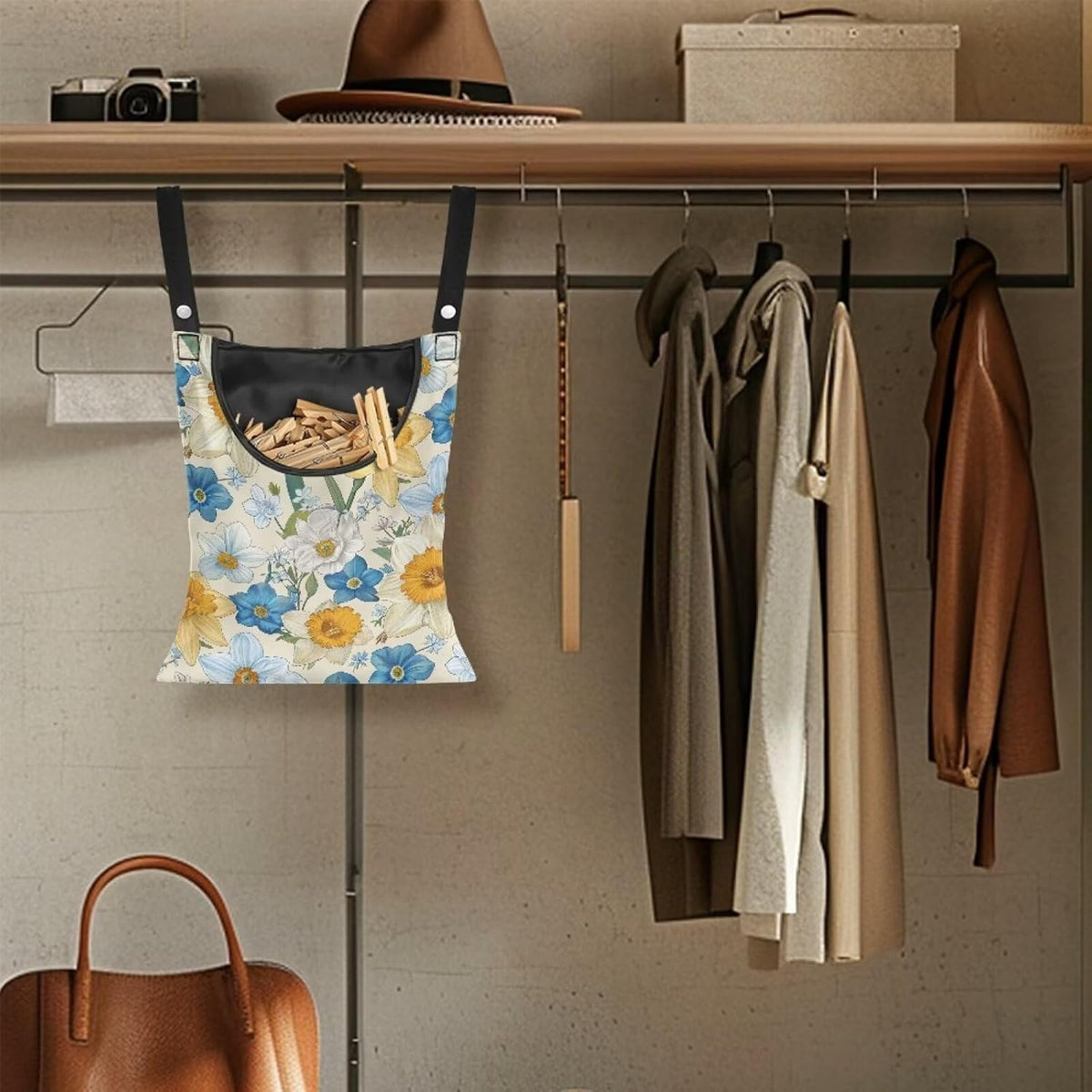 Floral Clothespin Bag with Hanging Rope Daffodil 14.5 x 12 Inch Summer Waterproof Laundry Clothes