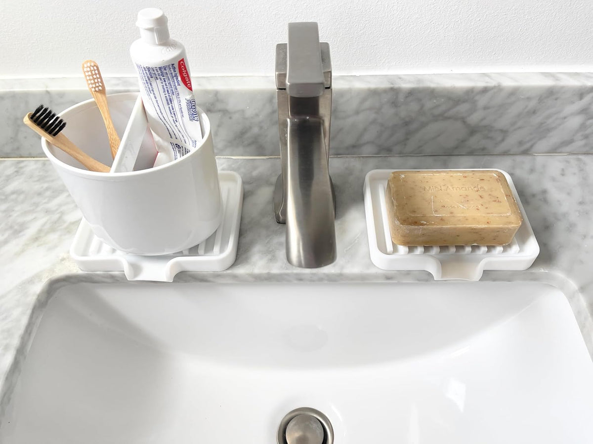 Happitasa Silicone Soap Dish Tray and Sponge Holder with Drain Chute, Pack of 2 | Bathroom and