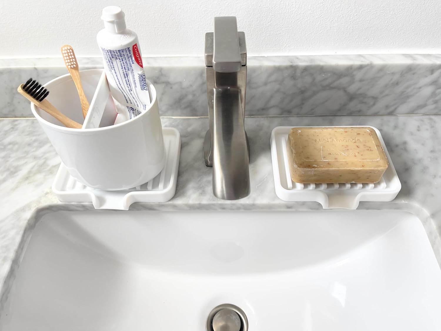Happitasa Silicone Soap Dish Tray and Sponge Holder with Drain Chute, Pack of 2 | Bathroom and