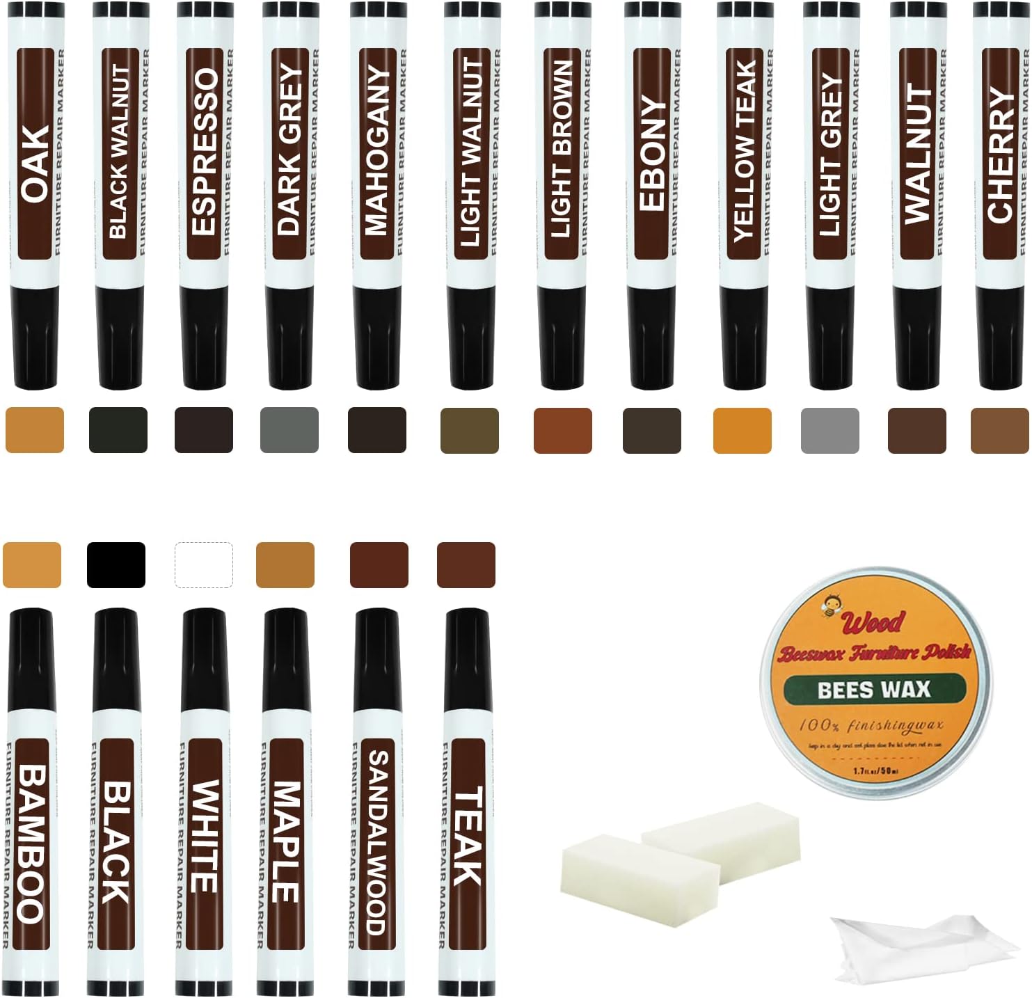 Furniture Markers Touch Up Kit - New Upgrade 18 Colors Wood Scratch Repair Kit with Beeswax