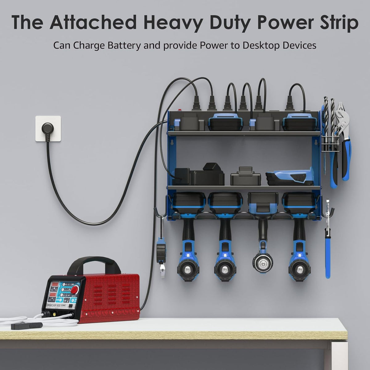 CCCEI Modular Power Tool Organizer Wall Mount with Charging Station. Garage 4 Drill Storage Shelf