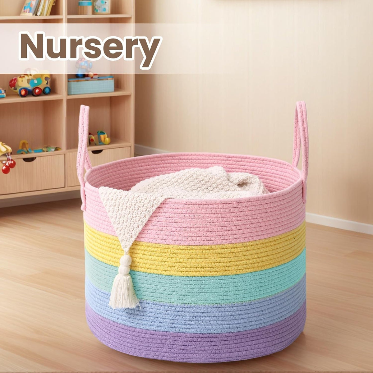 Woven Blanket Basket,115L Large Rope Storage Bin with Handles, Organizer for Blankets Toys Book and