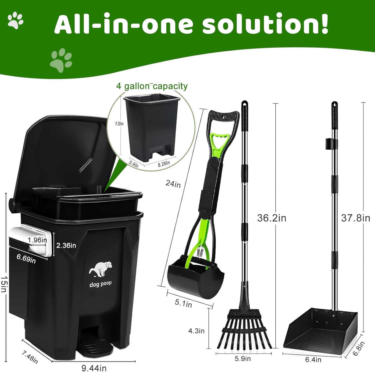 Dog Poop Trash Can Outside with Pooper Scooper and Metal Rake & Tray, 20L/5Gal Dog Waste Trash Can