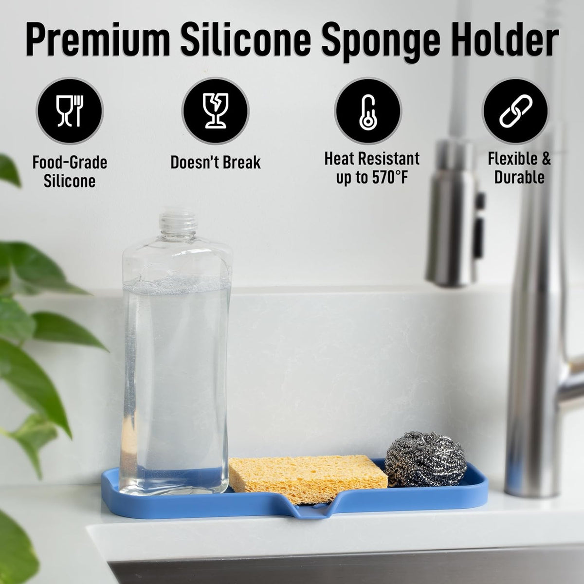 Zulay Large Silicone Sponge Holder (12x4) – Flexible Sink Organizer Tray for Kitchen & Bathroom