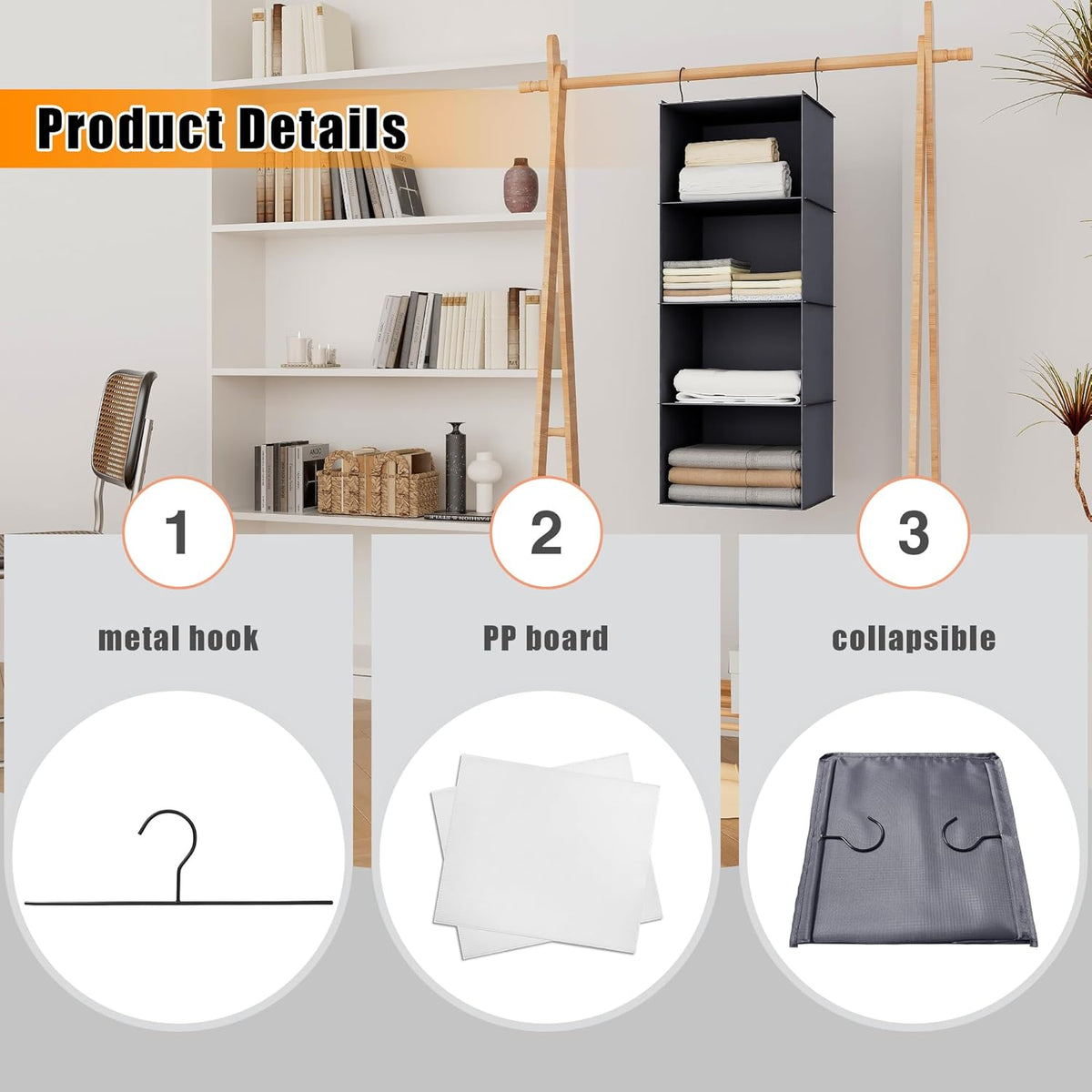 Hanging Closet Organizer, Easy Mount Foldable 4-Shelf Hanging Closet Wardrobe Storage Shelves