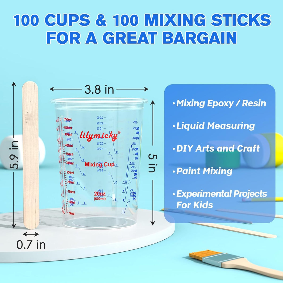 100 Pack Plastic Mixing Cups, 20 oz (600ml), Disposable Measuring Cups with 50 Wooden Mixing