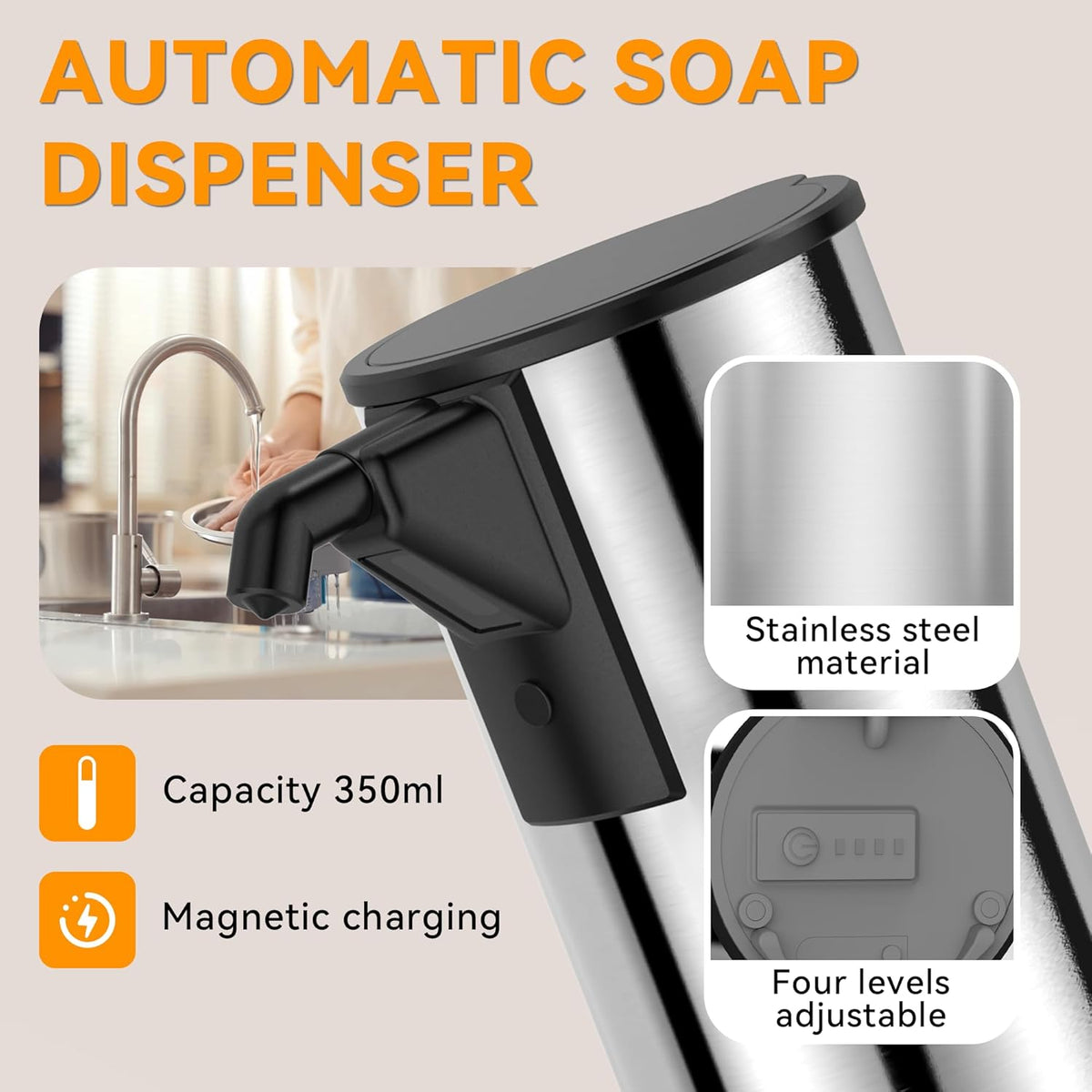 Automatic Soap Dispenser,Stainless Steel Material, Rechargeable Touchless Hand Sanitizer Pump,4