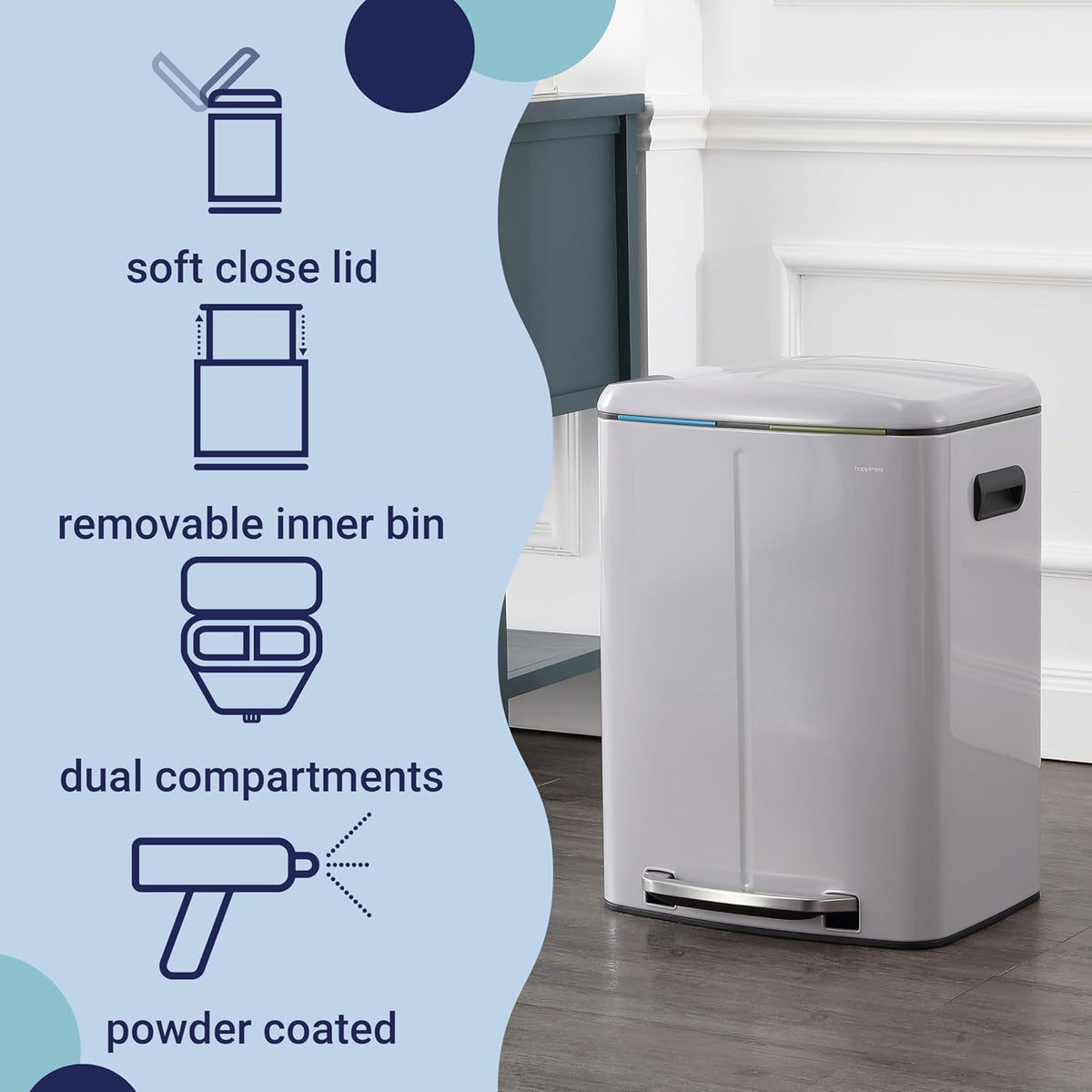 happimess HPM1005I Marco Rectangular 10.6-Gallon Double Bucket Trash Can with Soft-Close Lid, Fog