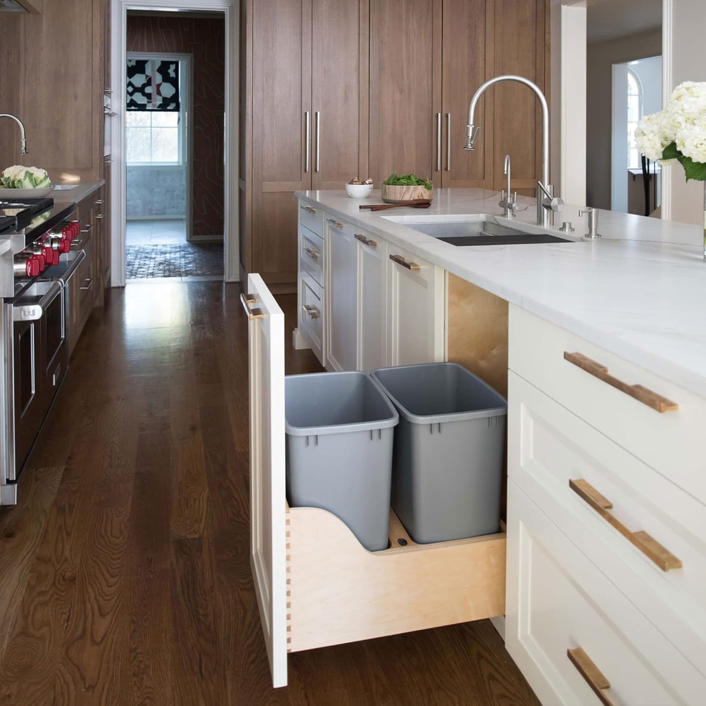 Rev-A-Shelf Pullout Trash Cans for Kitchen Cabinet, Dual 35 Qt Bins with 15" Wood Frame - Large