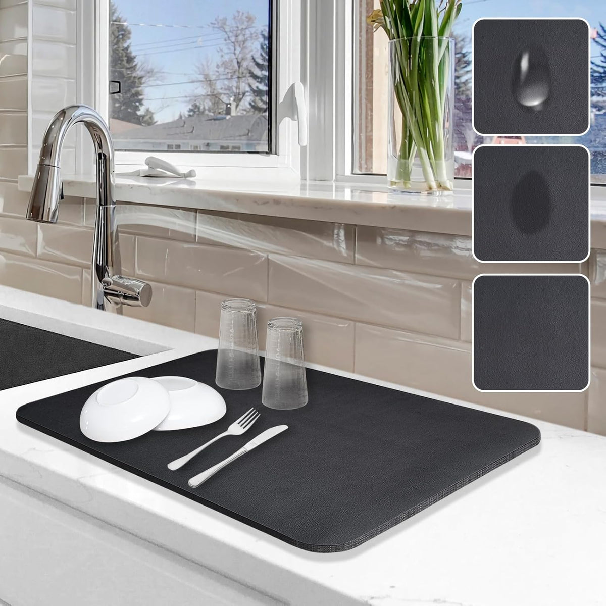 Dish Drying Mat for Kitchen Counter, 12"x19" Dish Drying Pad with Non-slip Rubber Backed, Hide