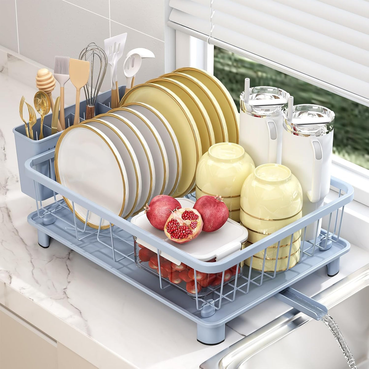 Blue Dish Drying Rack, Dish Rack,Space-Saving Dish Racks for Kitchen Counter with Utensil