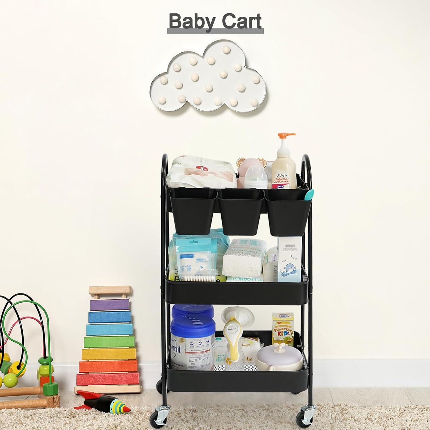 danpinera 3-Tier Rolling Cart, Metal Rolling Storage Cart with Lockable Wheels & Hanging Cups &