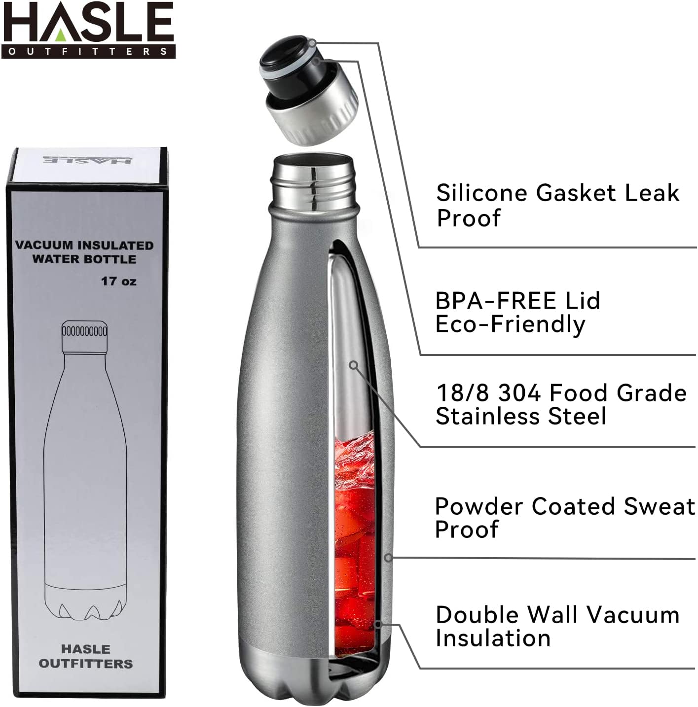 HASLE OUTFITTERS 17oz Stainless Steel Water Bottles, Vacuum Insulated Water Bottles Double Walled
