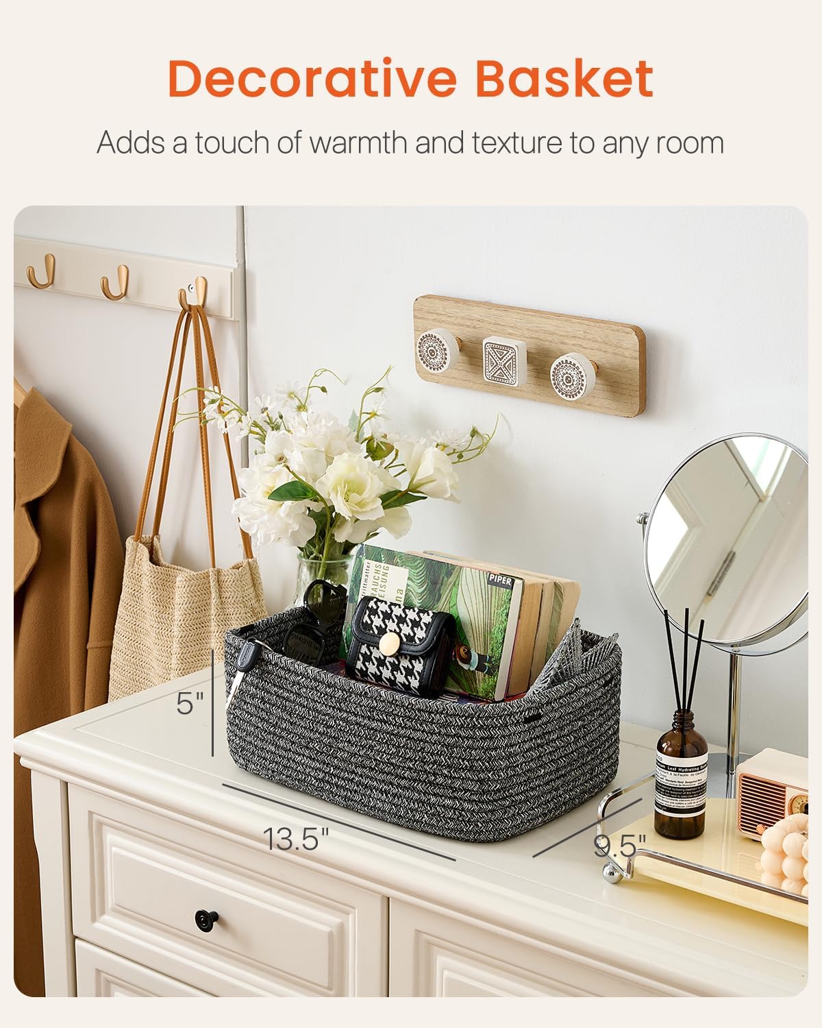 Small Woven Basket, 13.5 x 9.5 x 5 Inches, Storage Basket for Organizing, Cute Small Rope Shelf