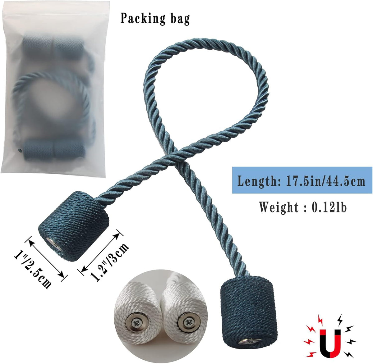 Magnetic Curtain Tiebacks 2 Pack Blue Curtain Rope Tieback Curtain Holders for Drapes Modern Tie