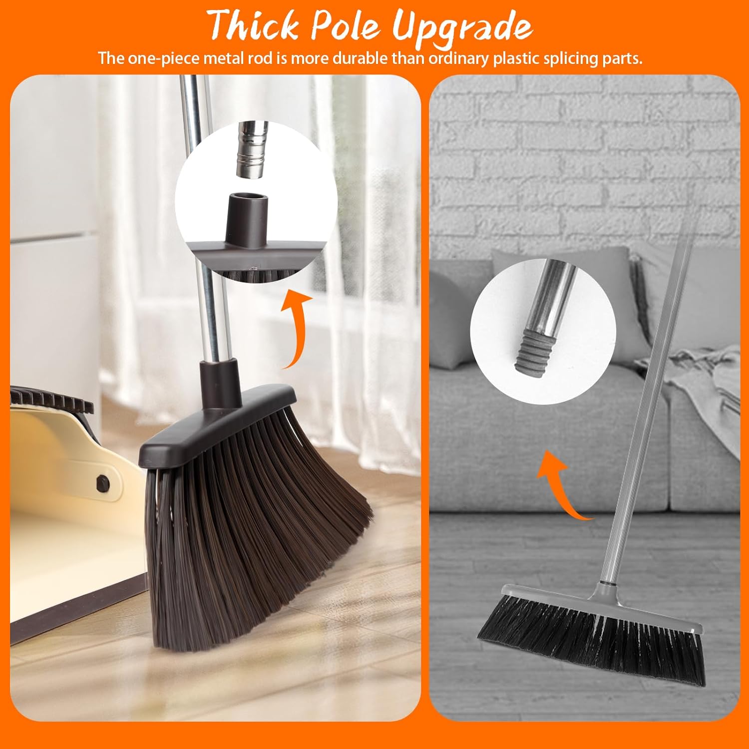 Broom and Dustpan Set, Dustpan Combo with 51" Stainless Steel Long Handle Brooms with 5-Layer Soft