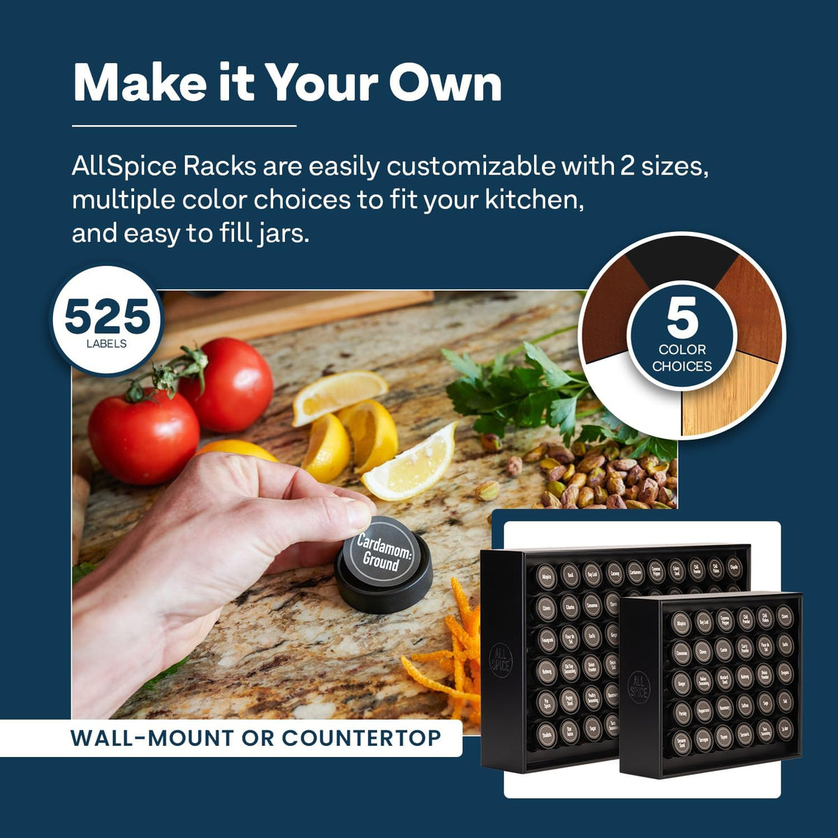 AllSpice Spice Rack Organizer, Wood, 525 Unique Labels, Countertop or Wall Mount, Includes 60 4oz