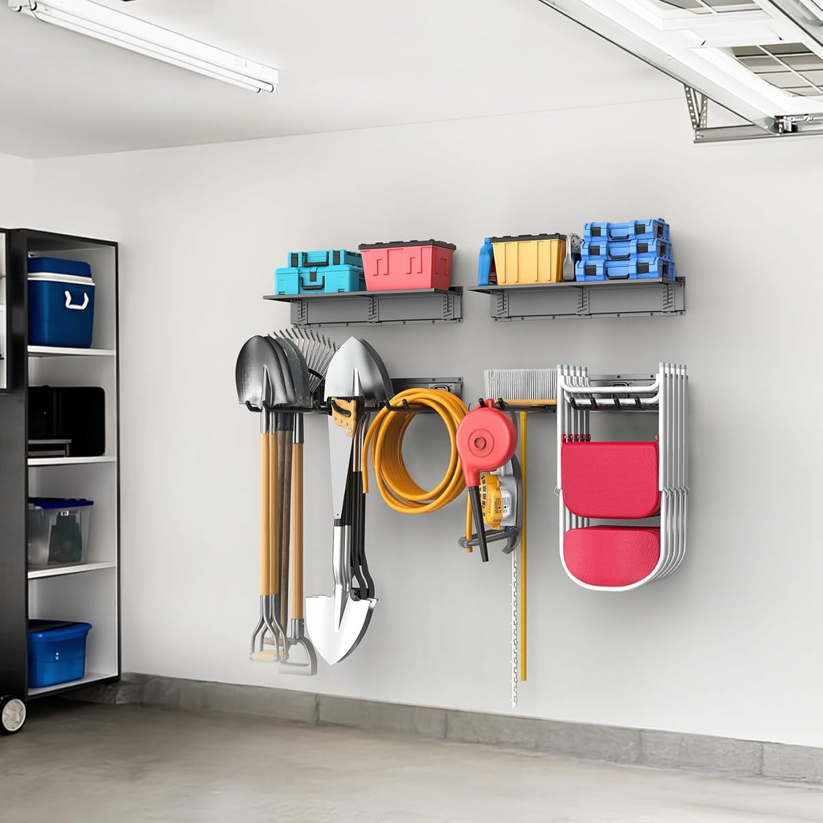WALMANN Wall Mounted Garden Tool Rack with Shelves for Garage, Heavy Duty Folding Chair Hangers