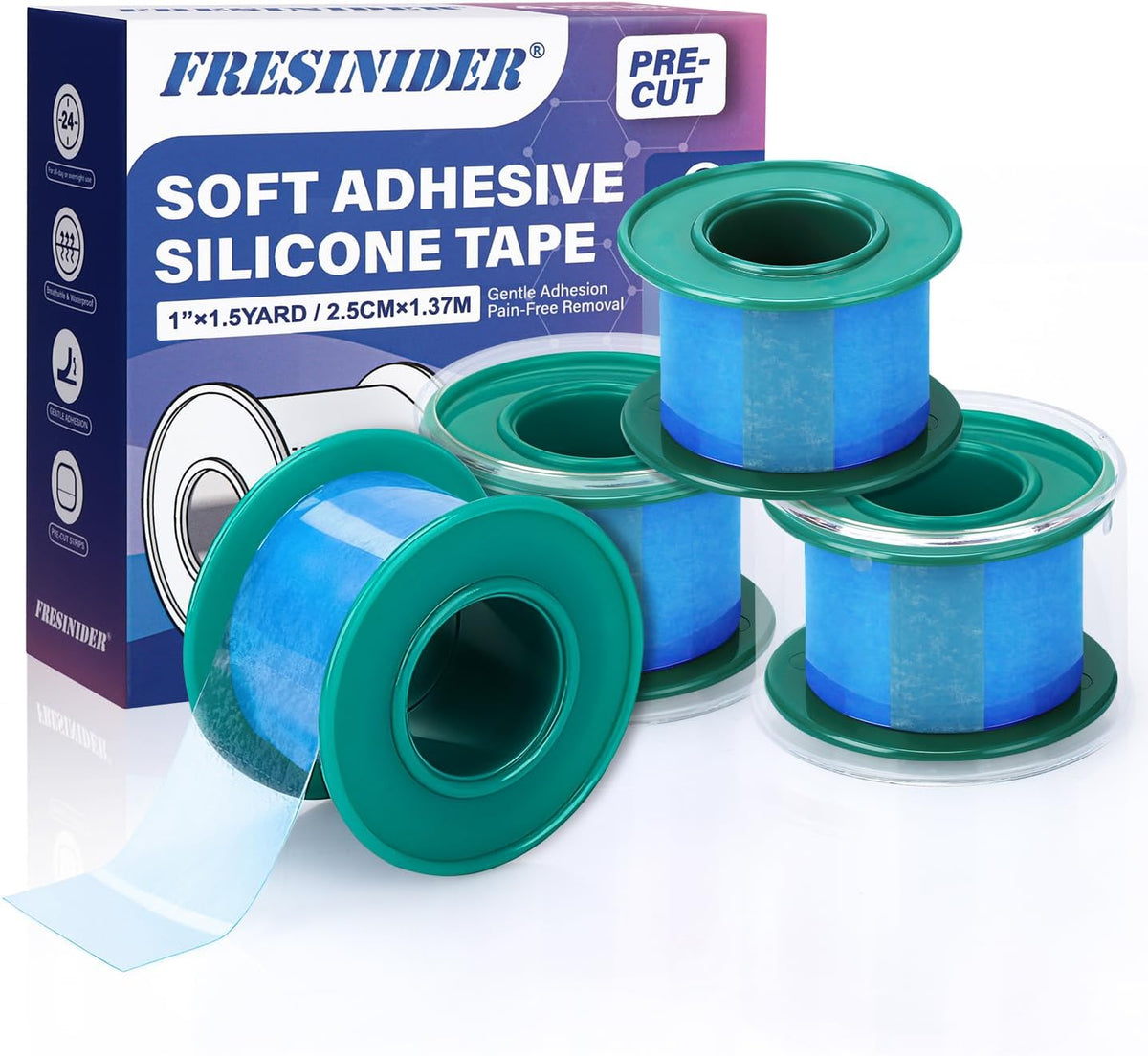 FRESINIDER Silicone Medical Tape – 1" x 1.5 Yard Blue 4 Rolls, Pre-Cut, Waterproof &