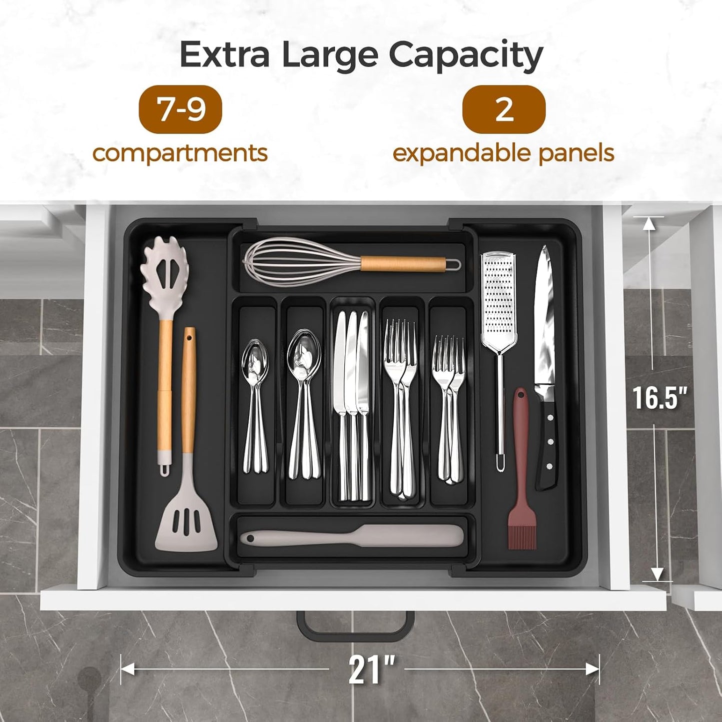 Extra Large Expandable Silverware Organizer, BPA-Free Food-Safe Cutlery Flatware Organizer, Kitchen
