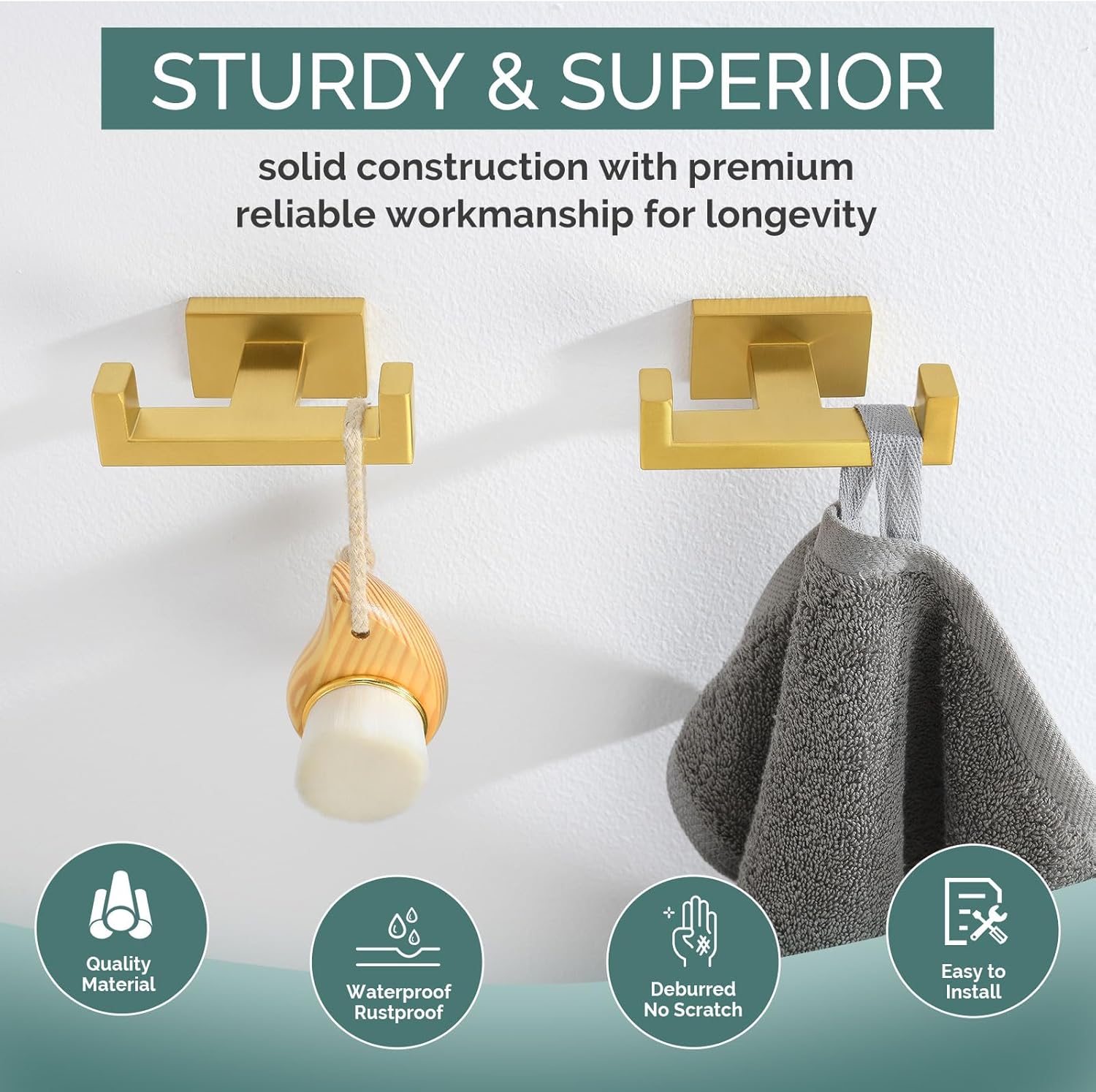 Angle Simple Double Towel Hook Brushed Gold 2 PCS, SUS304 Stainless Steel Bathroom Hand Towel