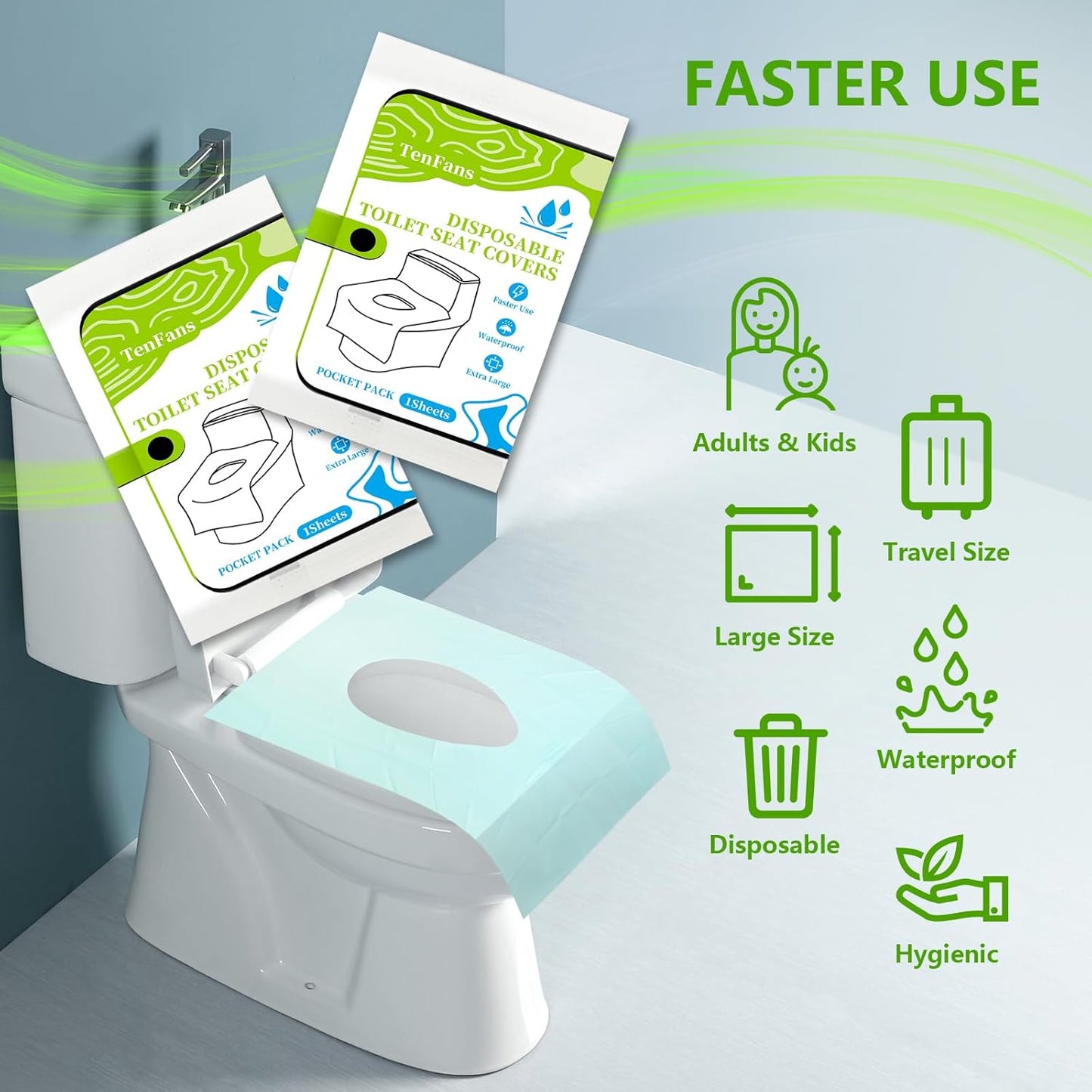 TenFan Disposable Toilet Seat Covers - 70-Pack Waterproof XL Travel Pack, Adhesive Secure Fit for