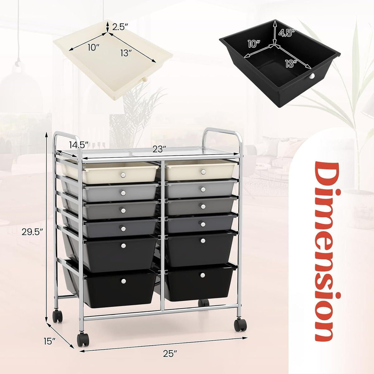 GOFLAME 12-Drawer Rolling Storage Cart, Multipurpose Organizer Cart with 2 Sizes Plastic Drawers