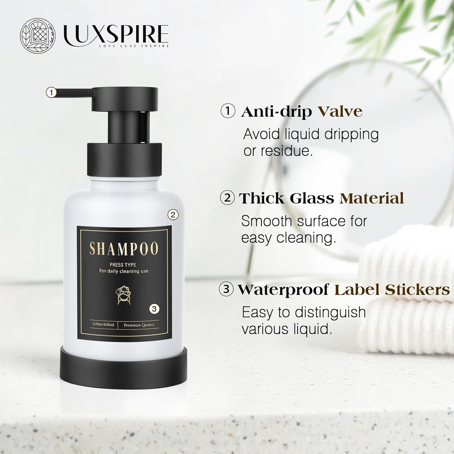 Luxspire Foaming Soap Dispenser, Glass Foam Pump Soap Dispenser, Non-Slip Hand Soap Container with