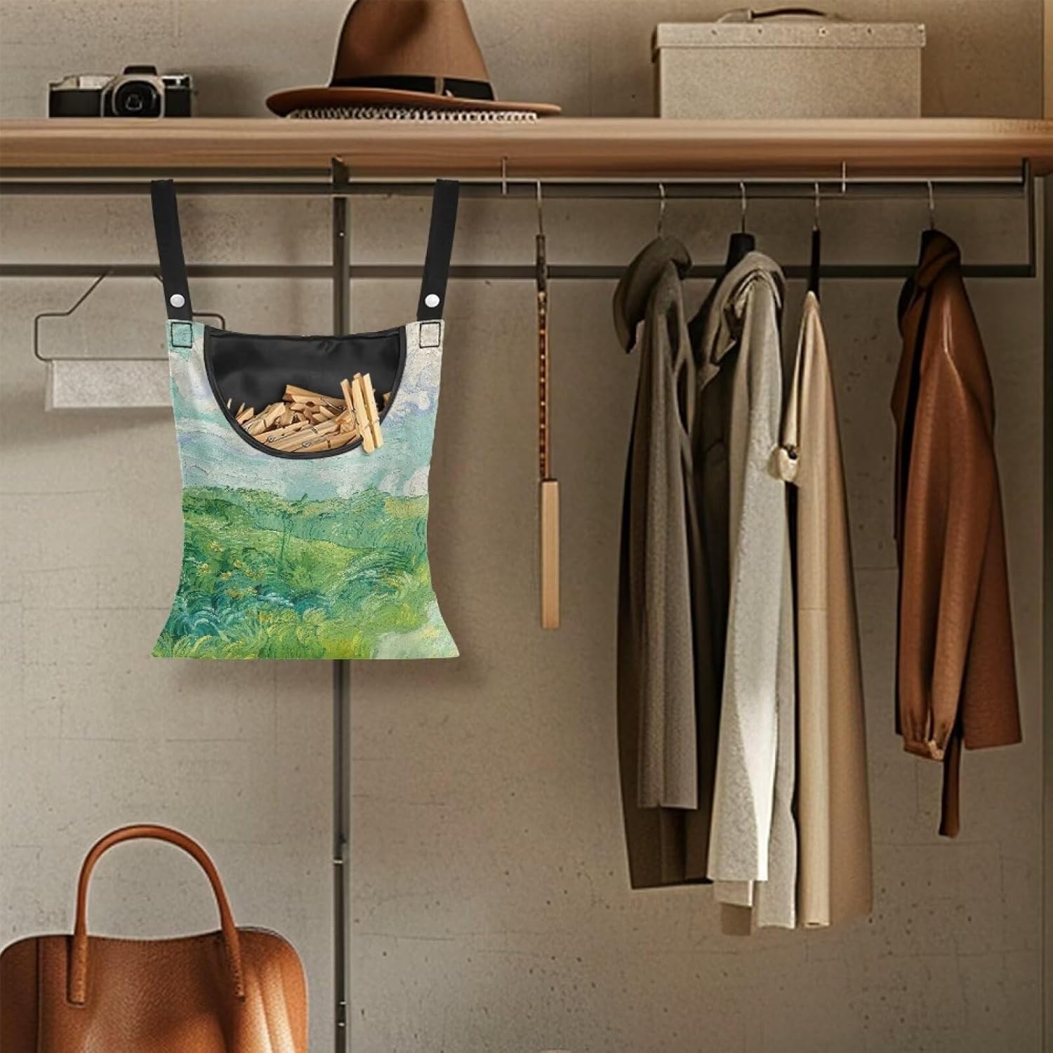 Green Wheat Field Print Windproof Clothespin Holder Bag for Outdoor Use - Durable Storage Organizer
