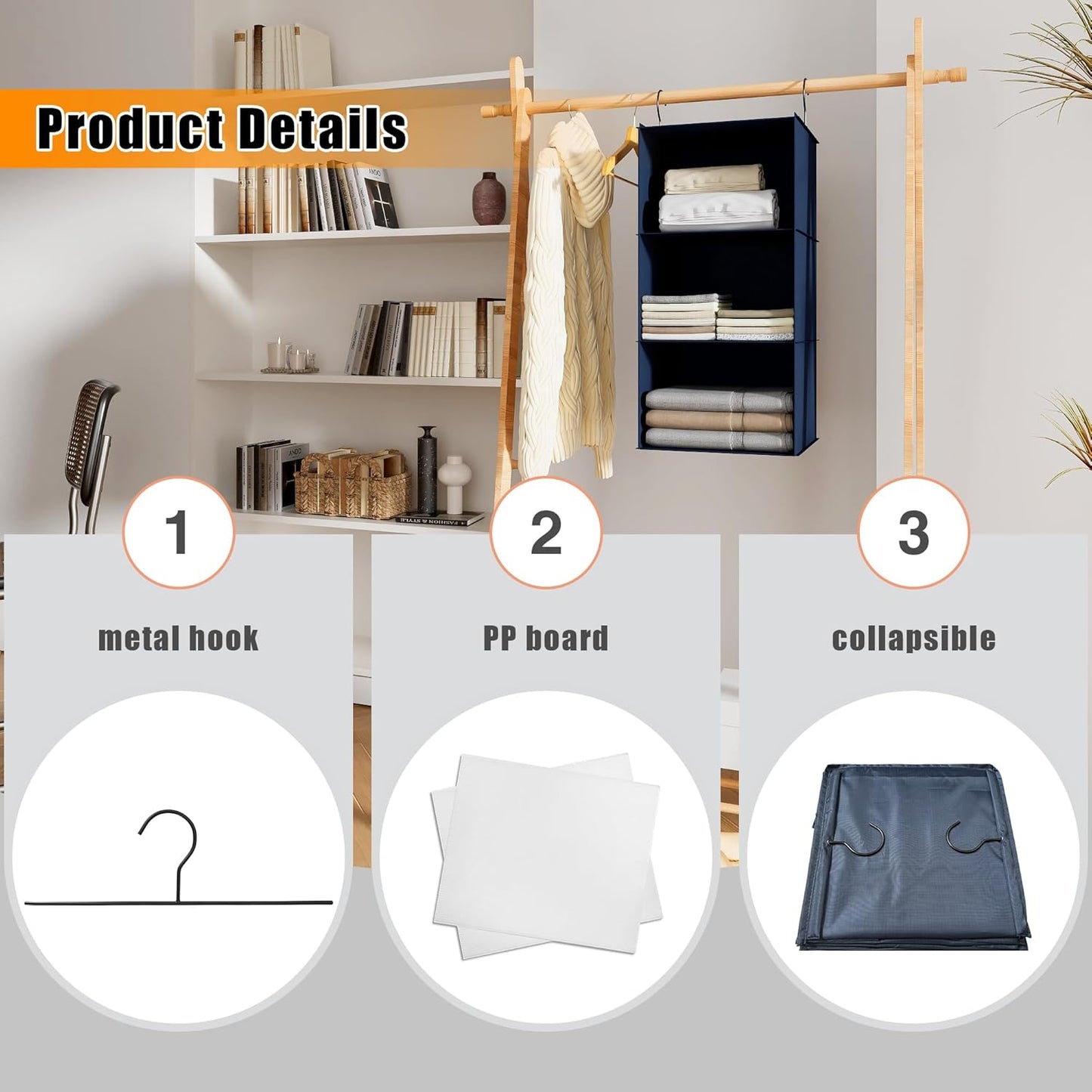 Hanging Closet Organizer - 3-Shelf, Easy Mount Foldable Wardrobe Storage Shelves for Clothes