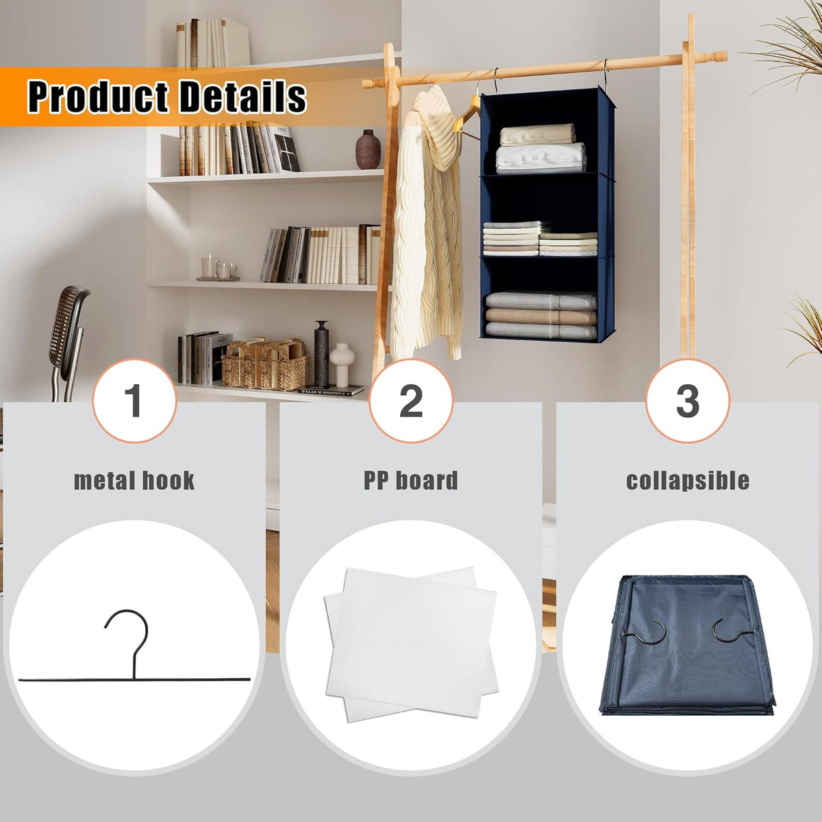 Hanging Closet Organizer - 3-Shelf, Easy Mount Foldable Wardrobe Storage Shelves for Clothes
