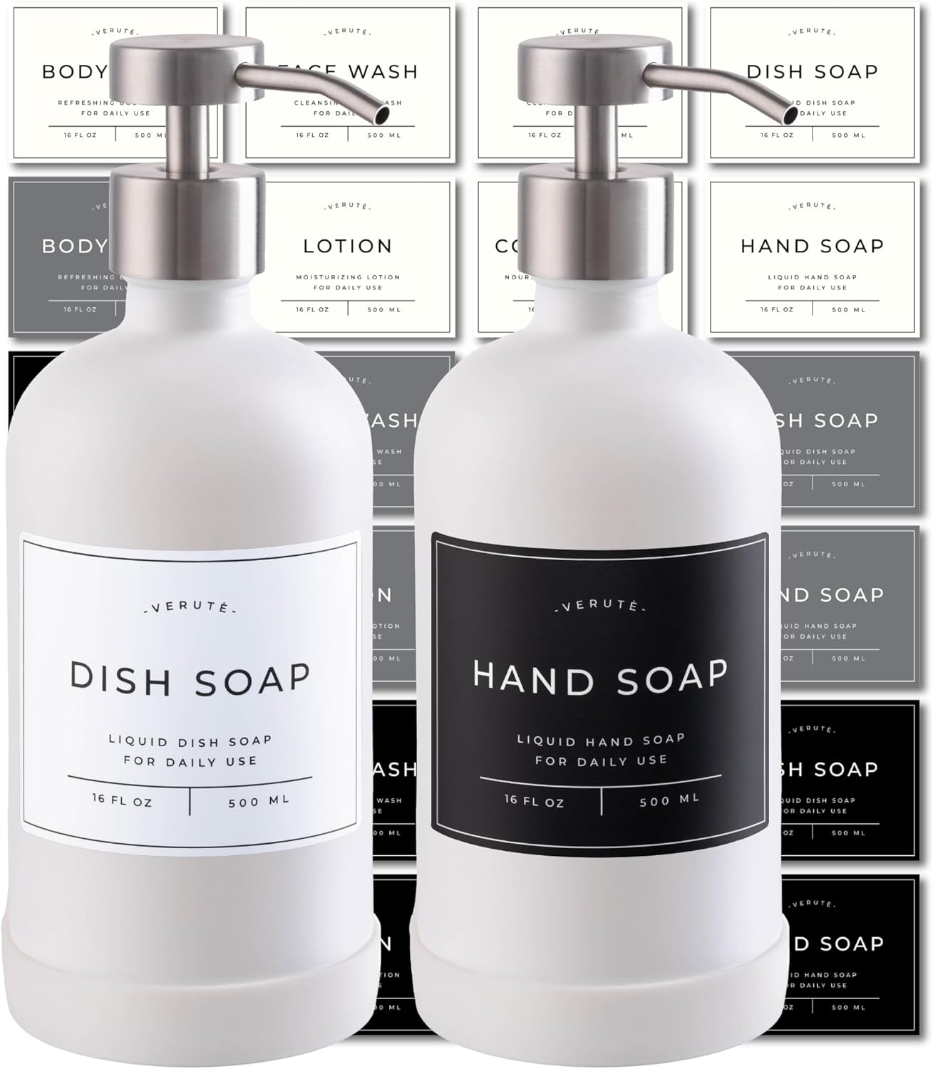 16oz Glass Soap Dispenser with Stainless Steel Pump, 21 Waterproof Labels, Non-Slip Protective