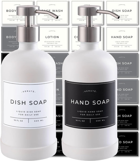 16oz Glass Soap Dispenser with Stainless Steel Pump, 21 Waterproof Labels, Non-Slip Protective