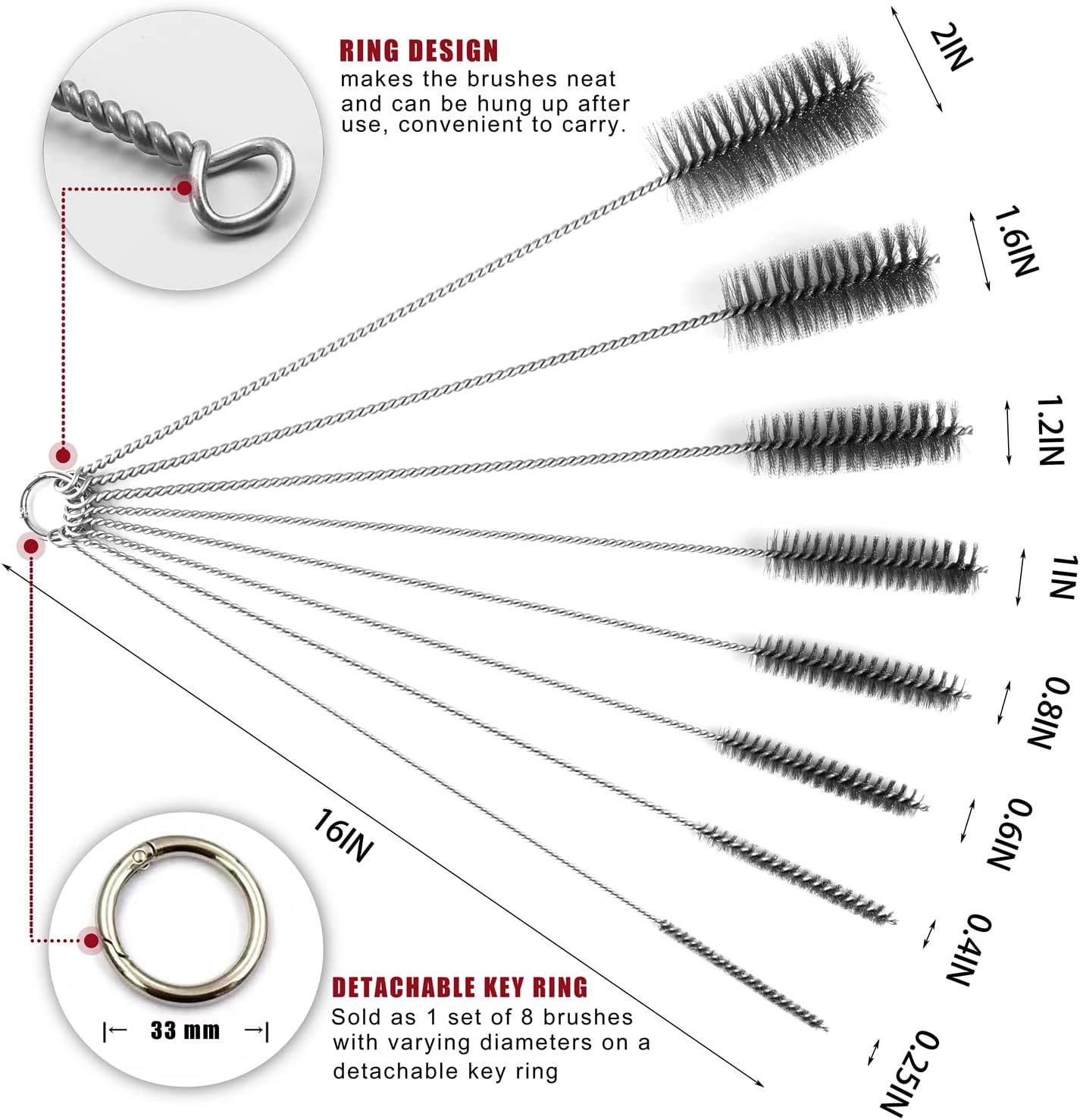 16 Inch Extra Long Pipe Cleaning Brush Set Stainless Steel Bristles, Stainless Steel Pipe Brush