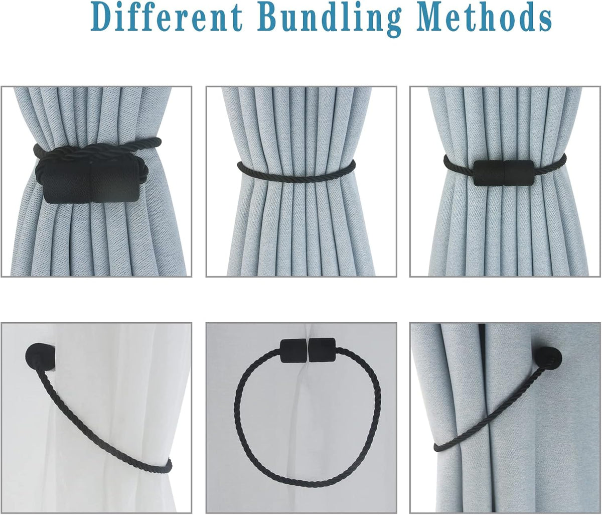 Magnetic Curtain Tiebacks 2 Pack Black Curtain Rope Tieback Curtain Holders for Drapes Modern Tie