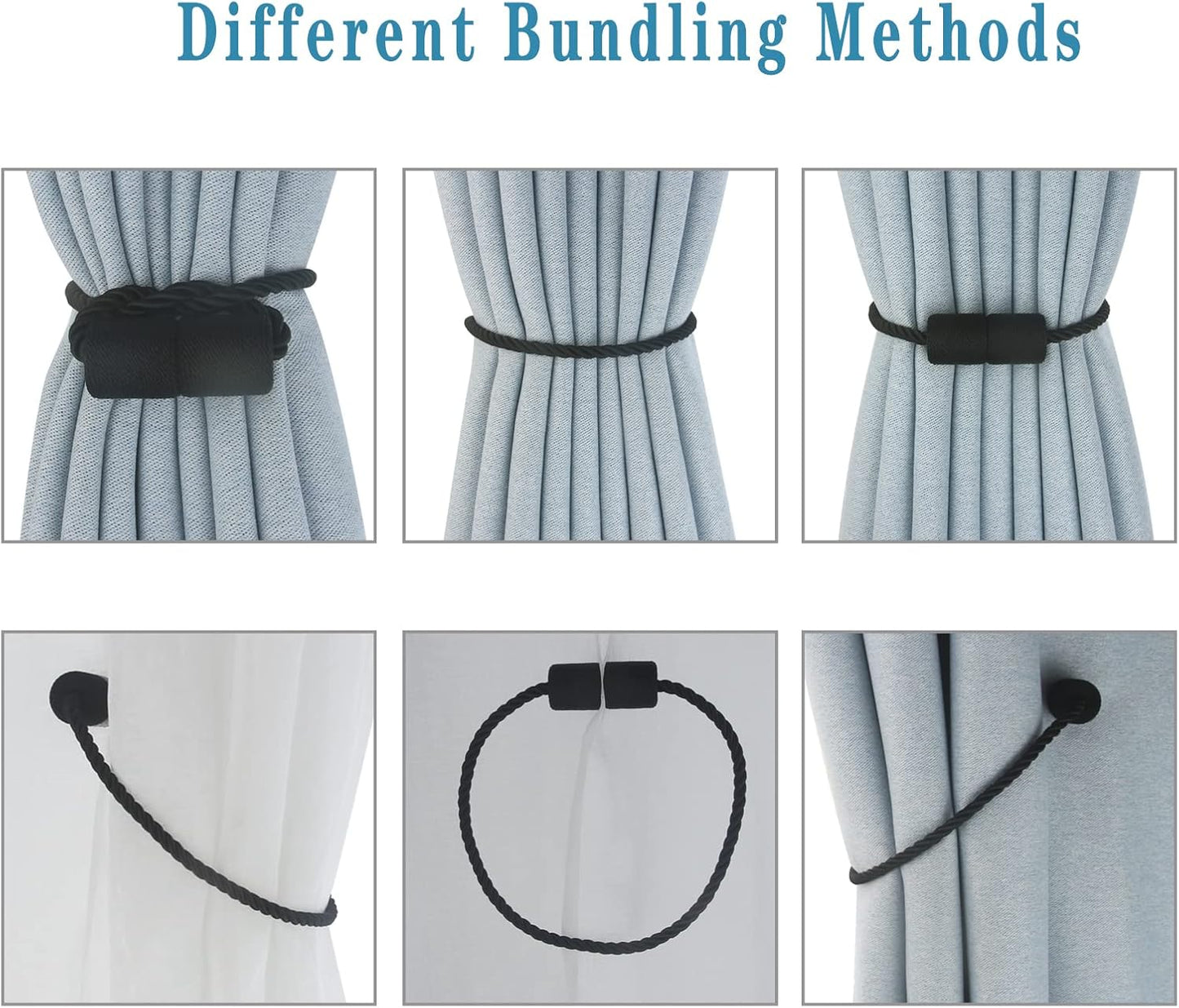Magnetic Curtain Tiebacks 6 Pack Black Curtain Rope Tieback Curtain Holders for Drapes Modern Tie