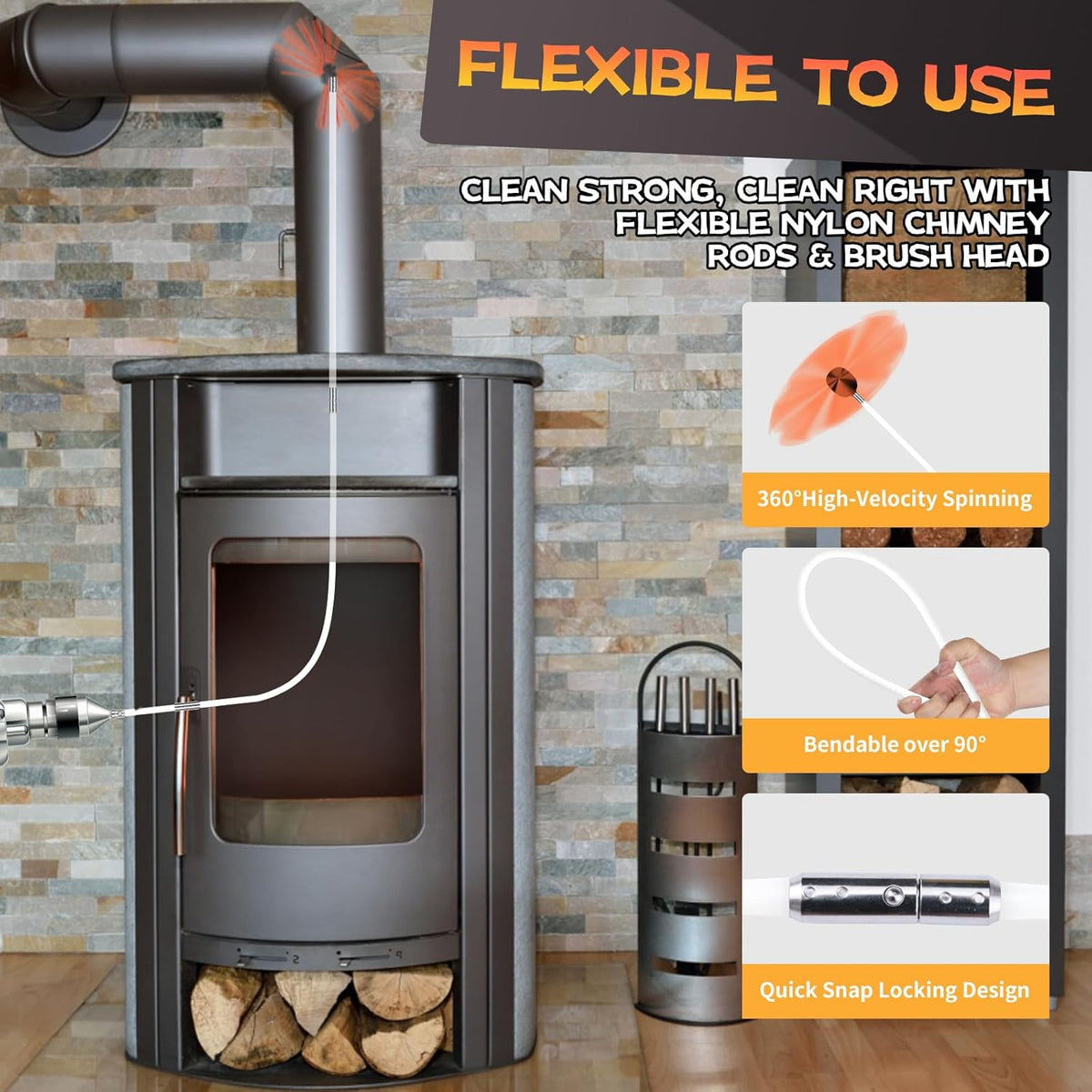 26 Feet Chimney Sweep Kit, Chimney Cleaning Kit with 8 Flexible White Chimney Rods, Chimney Brush