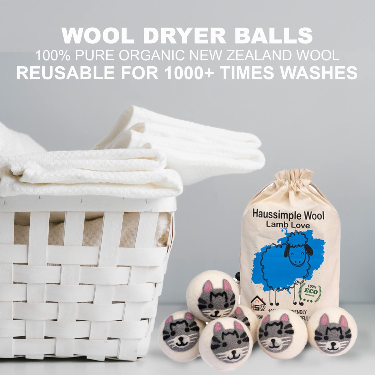 Wool Dryer Balls Organic Felt 6 Pack Laundry Fabric Softener, Extra Large Reusable Handmade Natural
