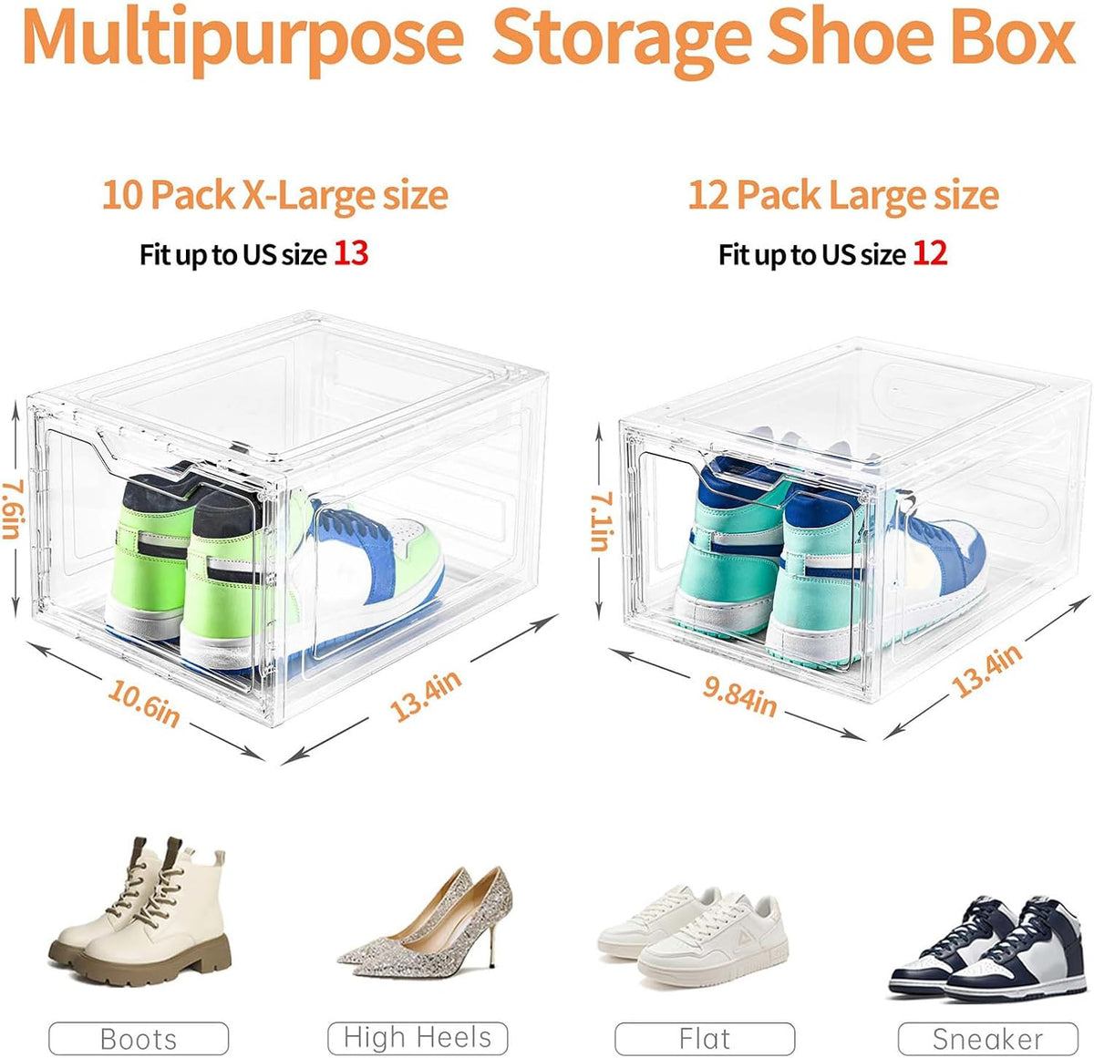10 Pack Large Shoe Boxes Clear Plastic Stackable,Shoe Storage Organizer with Lids,Shoe Rack for