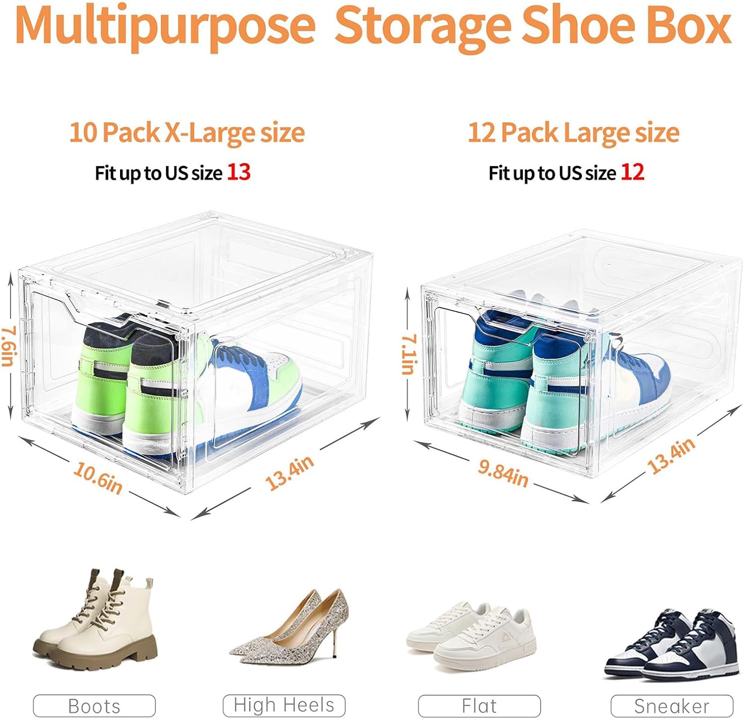 10 Pack Large Shoe Boxes Clear Plastic Stackable,Shoe Storage Organizer with Lids,Shoe Rack for