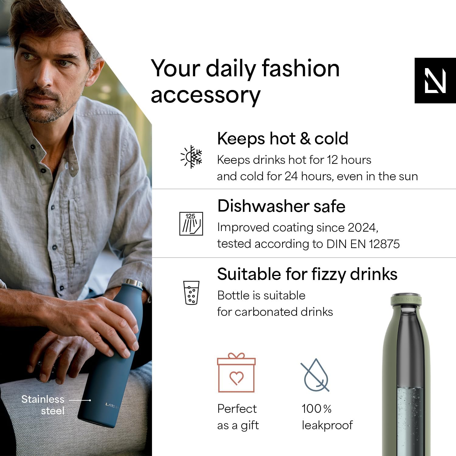 LARS NYSØM Stainless Steel Insulated Water Bottle 12oz 17oz 25oz 34oz 51oz | Insulated Thermo Flask