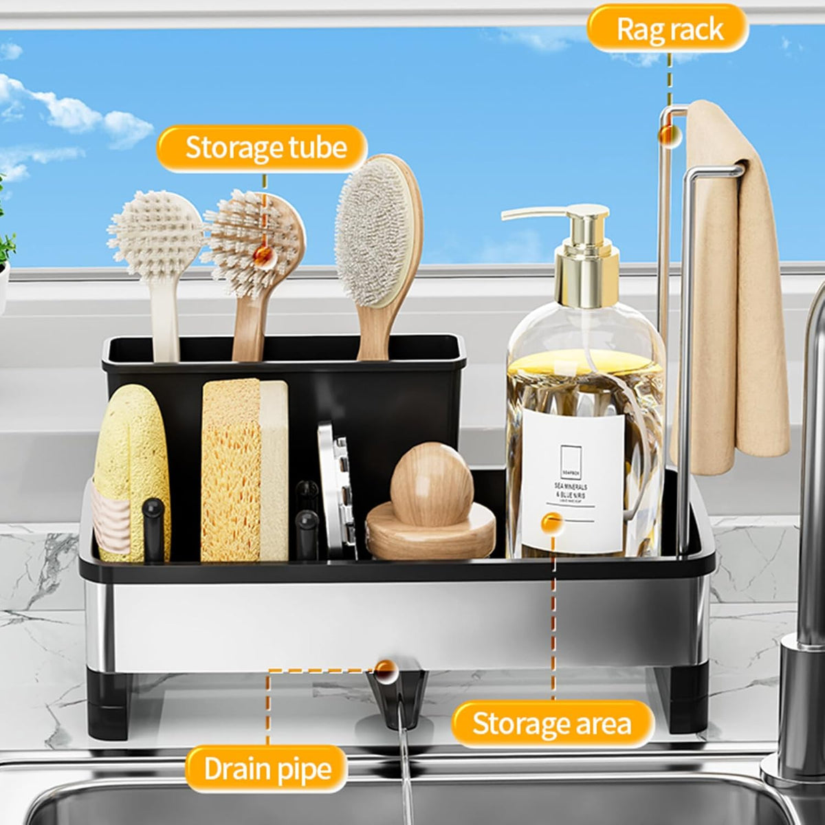 Sponge Holder for Kitchen Sink,Sink Caddy Organizer with Removable Brush Holder,Kitchen Countertop